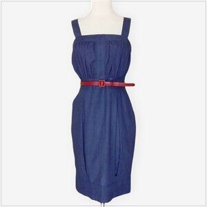 Steve Madden Blue Linen Blend Sleeveless Sheath Tank Dress with Red Belt Size 4